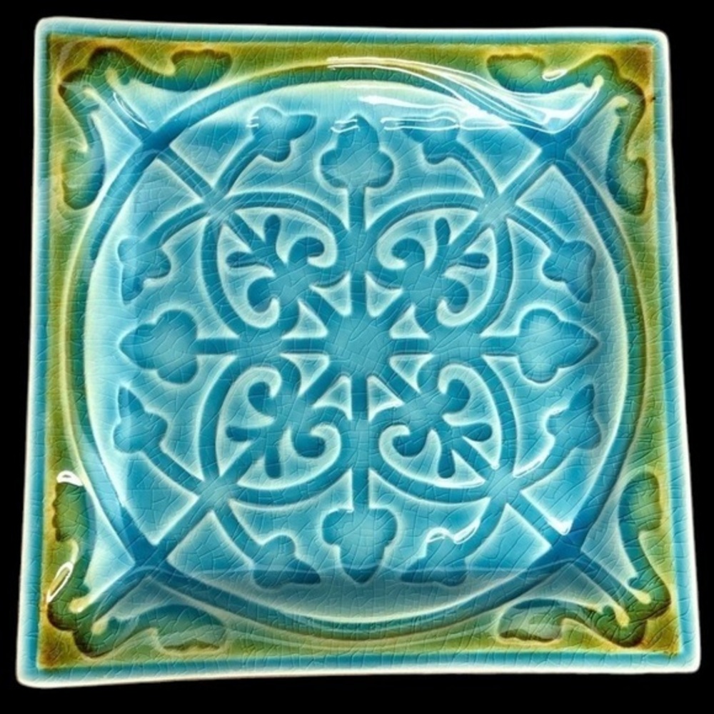 Roscher LORELEI Blue Green Moroccan Embossed 8” Square Salad Plate w/crazing